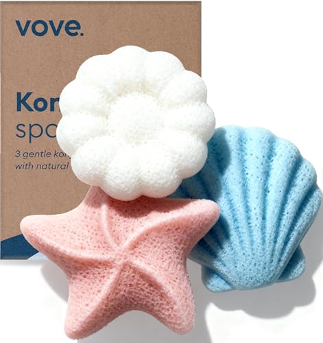 Vove Organic Konjac Baby Bath Sponges Pack of 3 - Safe, Gentle & Natural for Newborns, Babies & Toddlers, Cute Ocean Shapes, Plant-Based Baby Bath Time, Baby Shower, Certified Organic