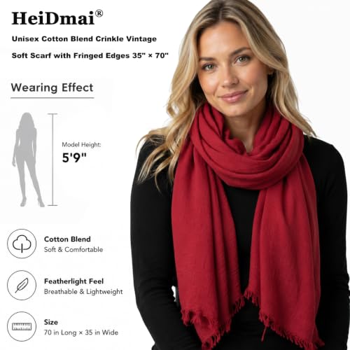 Image of Lightweight Cotton Blend Scarf for Women Men | Large,Breathable,Thin,Soft,Crinkle Scarf,Hijab Head Wrap,NeckScarf,Everyday,Travel Scarf,Summer Dress Scarves Holiday Gift