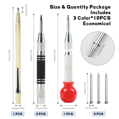 4 Stück Automatik Körner Metall, Automatik Körner mit Anreißnadel und 3 Ersatzspitzen, Körner Werkzeug Set mit Einstellbarer Einhand Federwirkung, Center Punch für Metall Holz Glas
