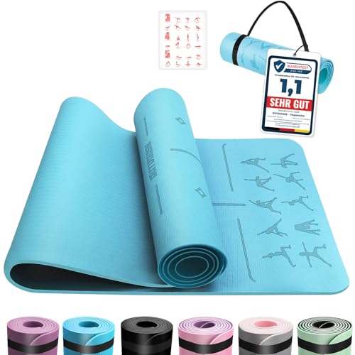 OUTDOUSE Yoga Matte, TPE Yogamatte Rutschfest Hautfreundliche Gymnastikmatte mit Ausrichtungslinien Sportmatte Dicke 6mm, Fitnessmatte Turnmatte Pilates Matte mit Tragegurt 183x61cm