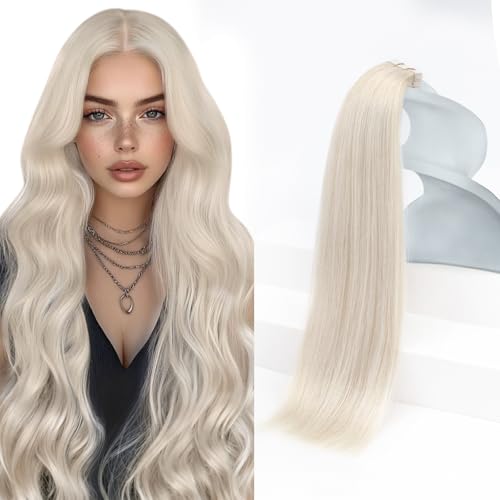 Sunny Hair Tape in Hair Extensions Real Human Hair Invisible Remy Hair Extensions Tape ins for Women White Platinum Blonde 24 inch 20Pcs 50G