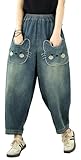 LAI MENG FIVE CATS Damen Baggy Jeans Muster Elastische Taille Casual Haremshose mit Taschen, Blau und Katze, M