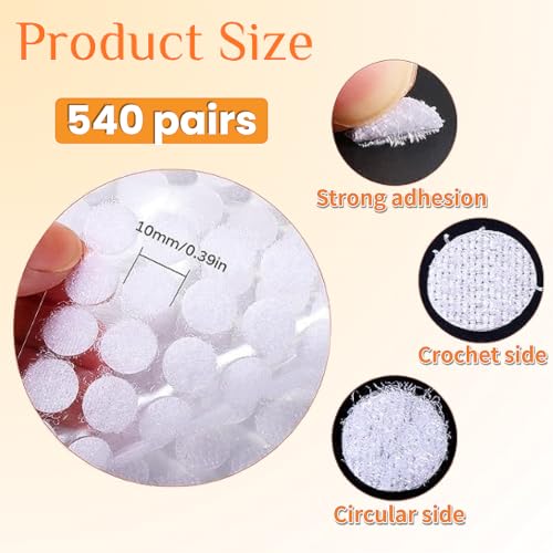 ZMaglorian Klettpunkte selbstklebend 10mm, 1080 Stück (540 Paare) Klettklebepunkte mit starkem Haken- und Flauschklett, Ruck-zuck Haftpunkte für Foto, Textil & DIY Bastelbedarf