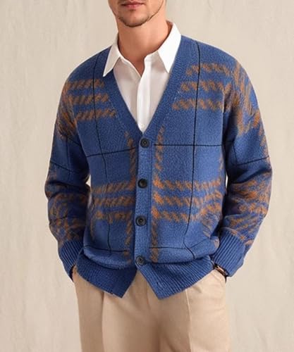 Men's V Neck Cardigan Sweater Long Sleeve Button Down Slim Fit Casual Baggy Plaid Knitted Sweater2
