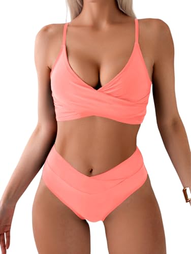 Tainehs Women's Bikini Sets Two Piece Swimsuit V Neck Twist Front V Cut Bottom Bathing Suit