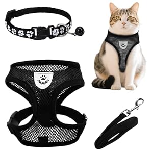 Cat Harness and Lead Set Escape Proof, Adjustable Kitten Harness and Lead Set with Collar and Bell, Black Pet Walking Gear for Cats and Dogs in S/M/L Sizes