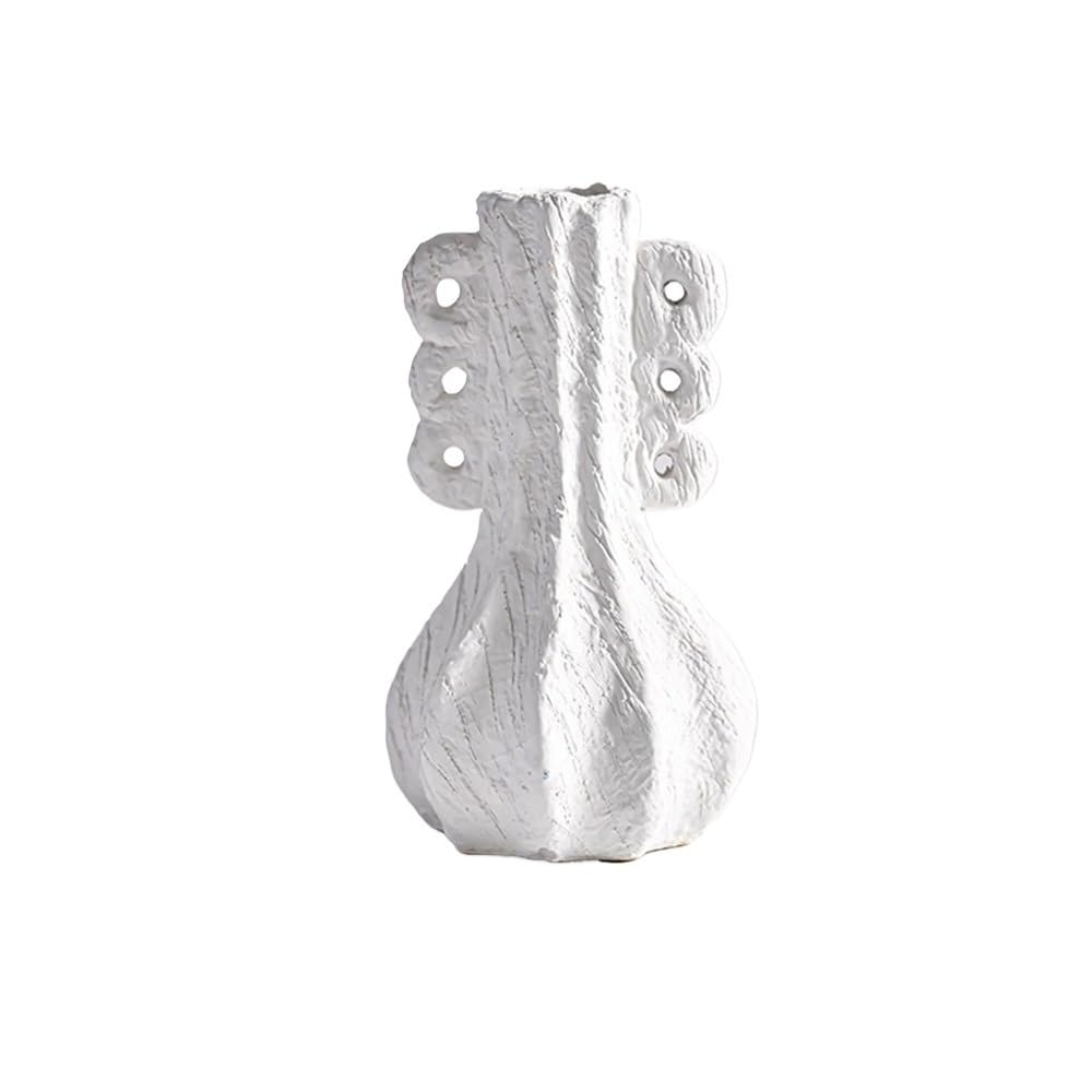 Textured White Ceramic Vase with Cut-Out Handles, Artisan Pottery, Boho Decor for Floral Arrangements for Living Dining Room Kitchen