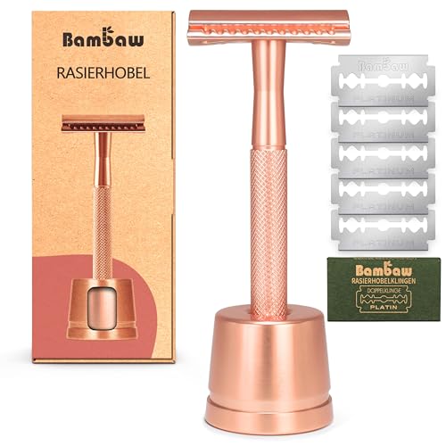 Bambaw Rasierhobel Damen mit Rasierhobel Ständer & 5 Rasierklingen, Metall...