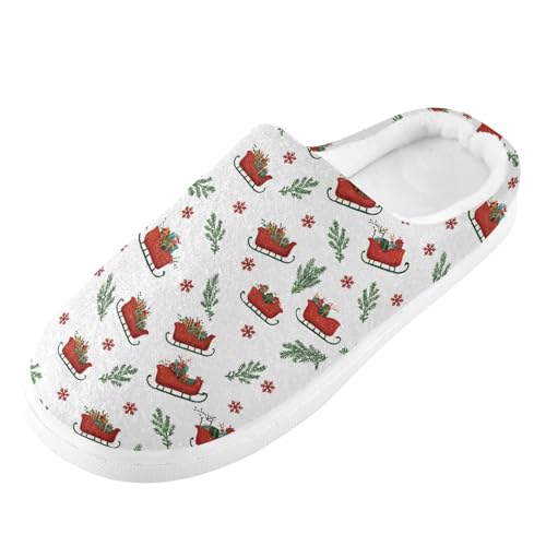 Fuzzy Memory Foam Slippers for Women/Men Christmas Sleigh and Christmas Tree Leaves Fluffy Winter House Shoes Indoor and Outdoor