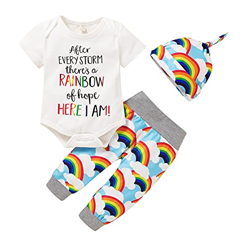 Image of HAPPYMA Newborn Infant Baby Boy Girls Rainbow Outfits Letter Print Romper + Cloud Rainbow Pants + Hat 3Pcs Clothes Set