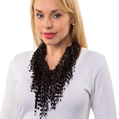 Black Scarf Necklace for Women Lightweight Thin Skinny - Black Lace Scarf for Women Glitter - Fringe Necklace - Sparkly Jewelry Shimmer - Lightweight for Travel - Ideal Gift for Mom(BLK)
