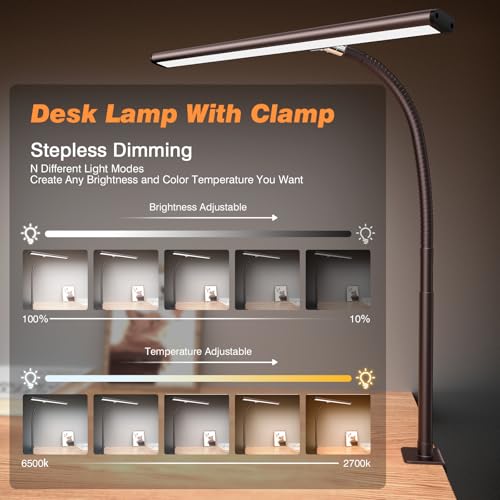 Image of Airlonv LED Desk Lamp for Office Home, Eye-Caring Desk Light with Stepless Dimming Adjustable Flexible Gooseneck, 10W USB Adapter Desk Lamp with Clamp for Reading, Study, Workbench (Brown)