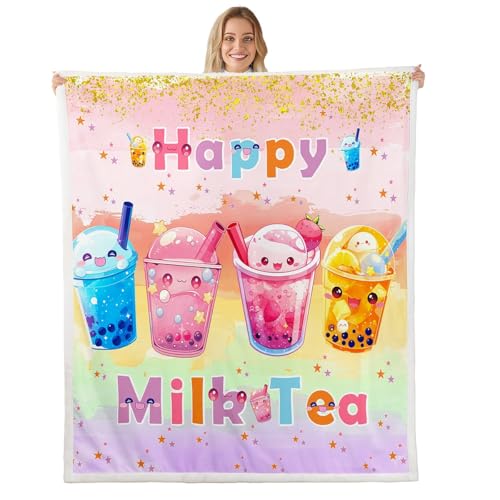 feelingyou Manta de felpa de té con leche de dibujos animados, manta de forro polar de franela naranja fresa acuarela para adolescentes, niñas, adolescentes y todas las estaciones, manta de cama con