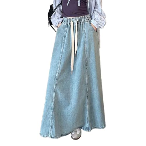 Women's Retro Washed Elastic Waistband Drawstring Denim Skirt, mid Length, Loose A-line Large Swing Skirt