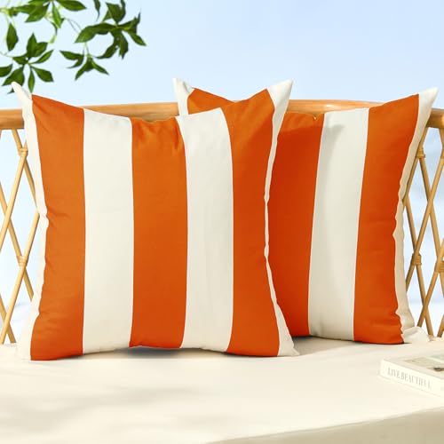 Image of Allorry Outdoor Pillow Covers 16x16 Set of 2 Orange Striped Decoration Throw Pillow Covers for Spring Summer Outdoor Waterproof Garden Patio Furniture Sofa Bed Home Decor JB007-I16
