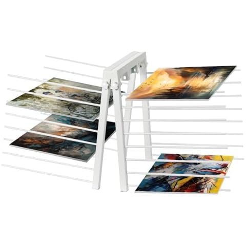 OFFICEROO Canvas Print Rack - 16 Shelves Ladder Paint Drying Rack with Adjustable Width - Portable & Space-Saving Painting Art Rack & Artwork Storage Cover