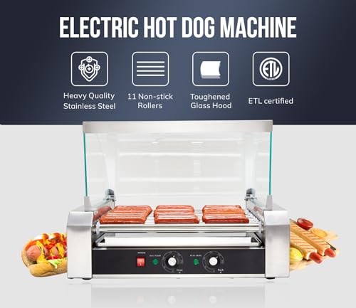 Image of SYBO Hot Dog Roller, 30 Hot Dogs 11 Rollers Grill Cooker Machine with Removable Stainless Steel Drip Tray and Glass Hood Cover, 1430-Watts, Perfect for Commercial And Party