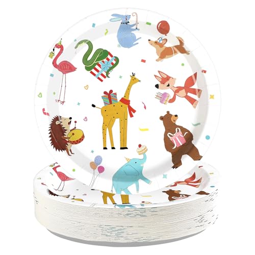 Greencian 50Pcs Animal Parade Party Decorations 9" Animal Theme Plates Disposable Cute Jungle Safari Paper Plates for Boys Girls Zoo Carnival Birthday Amusement Park Theme Party Baby Shower Supplies