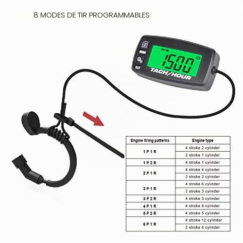 Jayron Compteur Horaire Compte-tours pour Tondeuse et Générateur | Heures totales, timer JOB, compte à rebours service, RPM et max, 8 profils, pour tondeuse, hors-bord, ATV