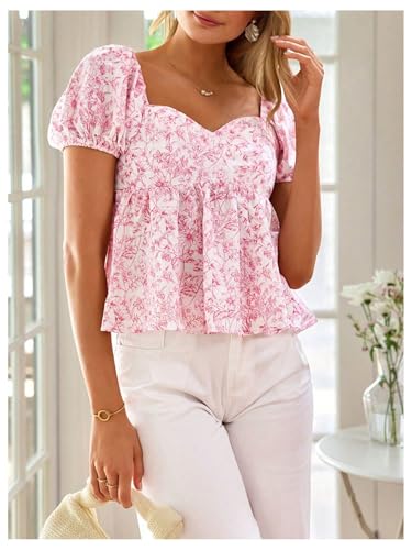 Floerns Women's Floral Short Puff Sleeve Flare Peplum Tops Sweetheart Neck Boho Blouses2