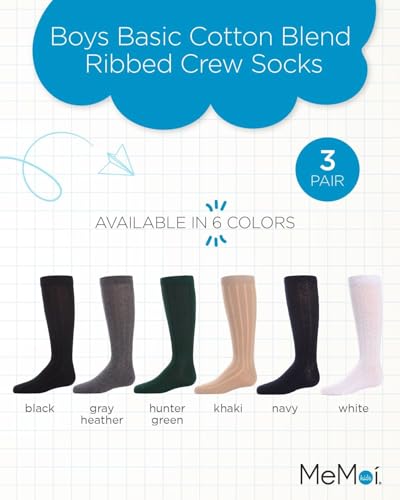 MeMoi 3 Pack Ribbed Boys Crew Socks, Cotton Blend Boys Dress Socks, Comfortable Crew Height Design - Sizes 6-142