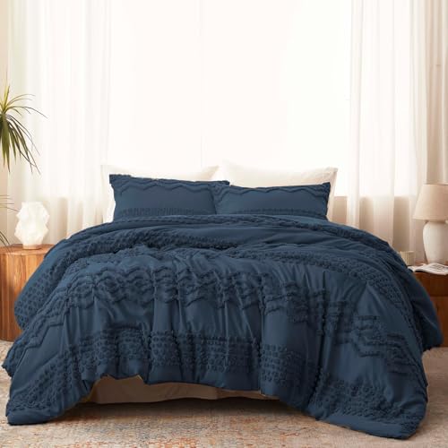 Image of Luxudecor Navy Blue Boho Tufted Comforter Set Queen Size 3 Pieces Boho Shabby Chic Comforter Farmhouse Embroidery Bedding Set Soft Comforter for All Seasons (Navy Blue, 90''x90'')