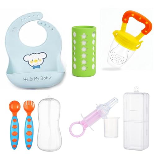 Image of Safe-O-Kid Infant Daily Use Combo | 1 Silicone Bib, 1 Fruit Feeder, 1 Spoon & Fork Set with 1 Medicine Feeder & 1 Baby Feeding Bottle Cover | BPA-Free Feeding Essentials for Babies - Assorted