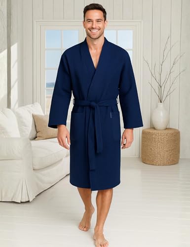 Morgenstern Dressing Gown Men Waffle 100% Cotton Lightweight Kimono Bathrobe