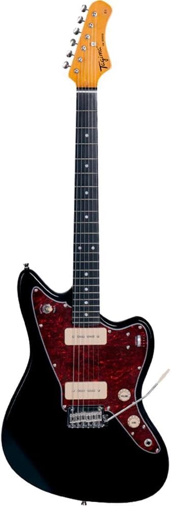 Imagem vertical da guitarra Tagima Woodstock TW61 BK preta com captadores brancos, escudo vermelho e braço escuro com pontos de tarracha.