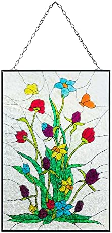 Viveta Plant Stained Glass Window Hanging, Stained Glass Panels with Chain, Grass and Flowers Suncatcher for Window Home Wall Art Decor(10 * 15")