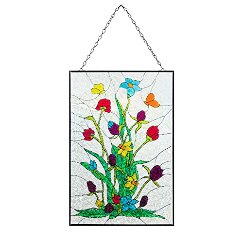 Viveta Plant Stained Glass Window Hanging, Stained Glass Panels With Chain, Grass And Flowers Suncatcher For Window Home Wall Art Decor(10 * 15") #TOP9