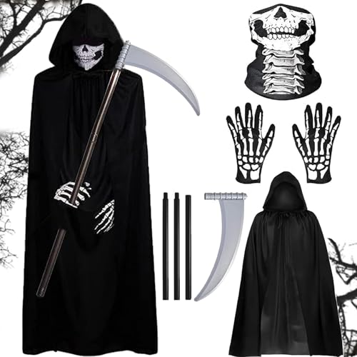 Photo de Costume de faucheuse - Décorations d'Halloween - 4 pièces - Costume squelette d'Halloween pour adulte - Masque tête de mort - Gants -...
