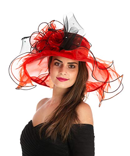 Women's Organza Church Kentucky Derby British Fascinator Bridal Tea Party Wedding Hat Summer Ruffles Cap(HL-Red Balck Line)