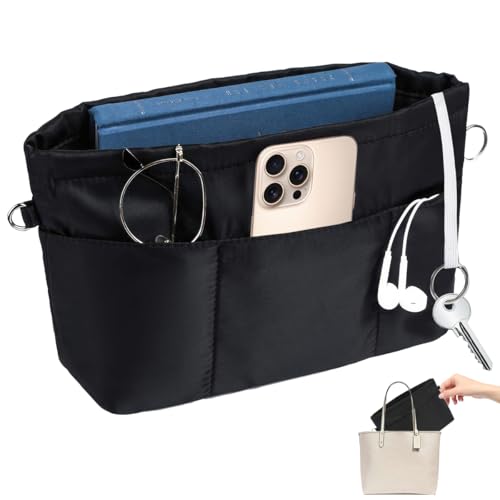 Organizador de Bolsos de Mano Nailon con 13 Compartimentos Multiusos en El Interior, Impermeable Bolso Interior Organizador con Llavero, Mantén El Contenido de Tu Bolso Ordenado y Limpio (Negra, M)