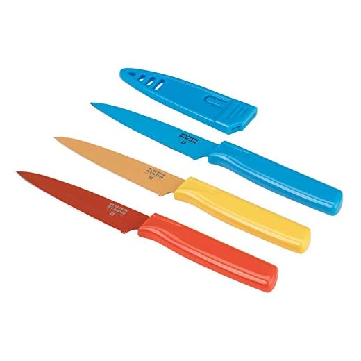 Kuhn Rikon Straight Paring Knife with Safety Sheath, 4 inch/10.16 cm Blade, Set of 3, Red, Yellow & Blue