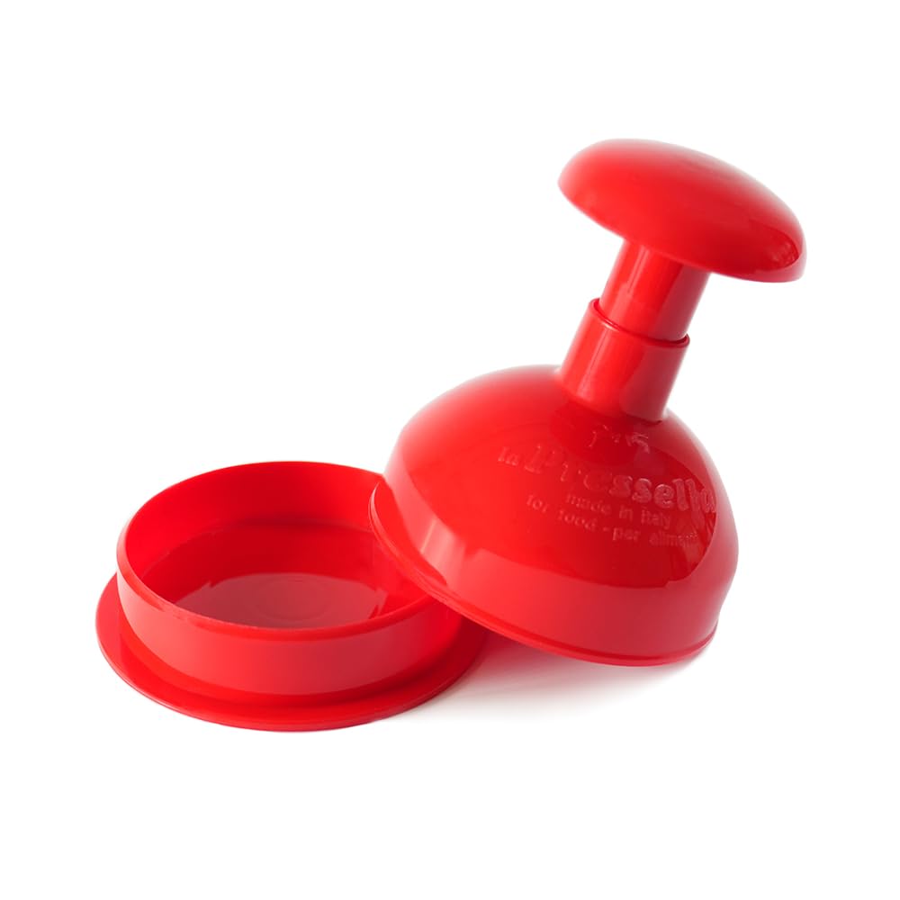 Rigamonti La Pressella Stampo per hamburger dal diametro di 9cm. Pressa per hamburger facile da utilizzare con tampone a molla in acciaio inox. Smontabile e lavabile in lavastoviglie.