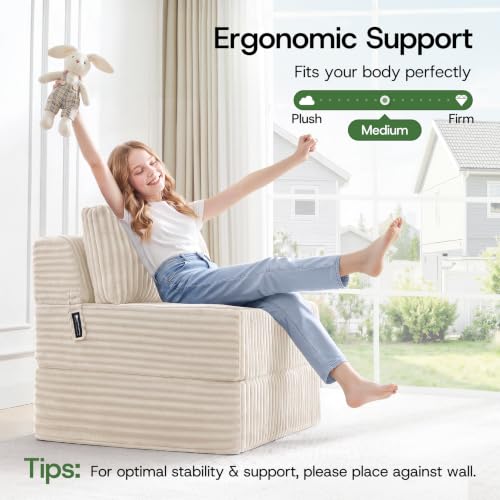 Image of Convertible 4-in-1 Folding Sofa Bed Boneless Sleeper Chair Couch Foldable Chaise Lounger & Mattress Pocket Coils+Foam Fill Medium Support, No Assembly for Living Room /Bedroom, Single XL Beige
