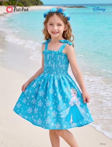 Image of Disney Princess Frozen Elsa Minnie Stitch Toddler Girl Dress Bow Tie Straps Smocked Summer Outfit Birthday Party Clothes 2-9Y