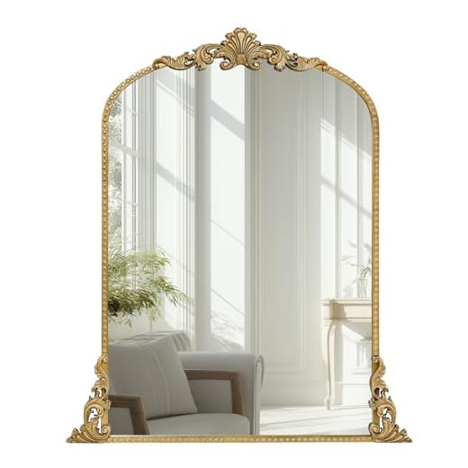 Growsun Vintage Gold Arched Mirror, 24''x36'' Antique Baroque Wall Mirror Decor, Traditional Ornate Mirror with Full Metal Frame for Fireplace/Entryway/Living Room/Bathroom
