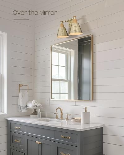 Image of FEMILA Bathroom Light Fixtures, 2-Light Bathroom Vanity Lights Over Mirror, Antique Gold Wall Sconces, Hammered Metal Shade, 4FG59B-2W BG