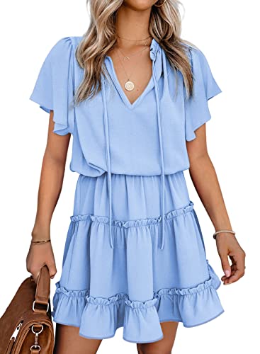 Modasua Damen Kleid Sommer Tunika Kleid Kurzarm Freizeitkleid Chiffon Blusenkleid Elegant Sommerkleid Casual mit Kordelzug,Himmelblau,M Cover