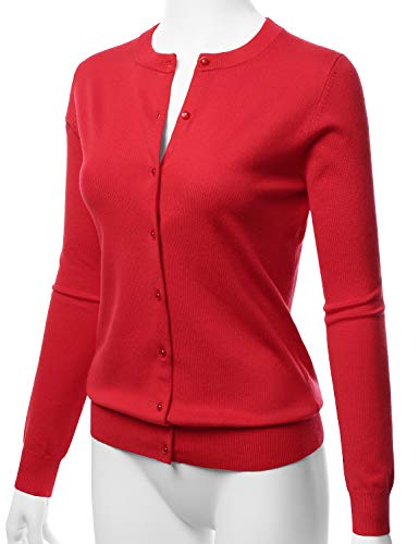 LALABEE Women's Crew Neck Gem Button Long Sleeve Soft Knit Cardigan Sweater RED L