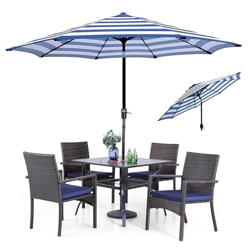 9FT Outdoor Patio Umbrella Outdoor Garden Umbrella with Push Button Tilt and Crank, Big Size Umbrella with Stand, 8 Sturdy Ribs UV Protection Waterproof for Garden, Deck, Backyard, Pool, Beach (Blue White Stripes)