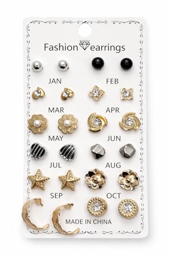 Image of 12 Pairs Trendy Stud Earrings Set with Crystal and Pearl, Heart, Flower, Star and Geometric Styles
