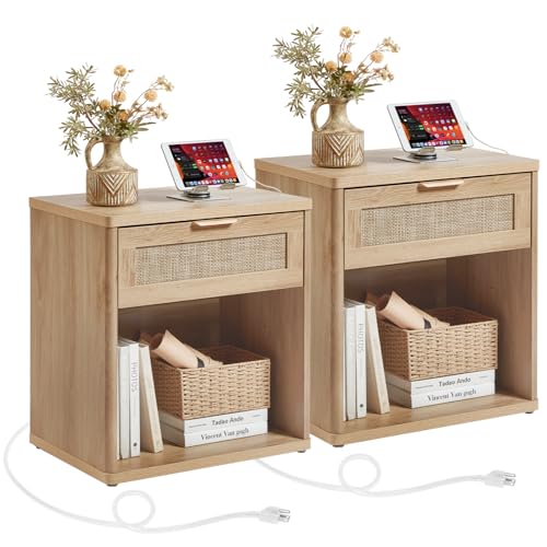 Image of LEYAOYAO Rattan 23 inch Nightstands Set of 2 with Charger for Bedroom | Gold Metal Handle, Storage Shelf, Oak Night Stand with Drawer, Boho Bedside Table, Bed Side End Tables Living Room, Hallway