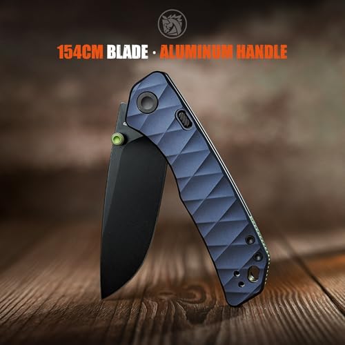 Image of Vosteed Marten EDC Folding Pocket Knife - 3.30 inch 154CM Black Stonewash Blade - Top Liner Lock, Dark Slate Blue Aluminum Handle - Camping, Fishing Knives - A1615