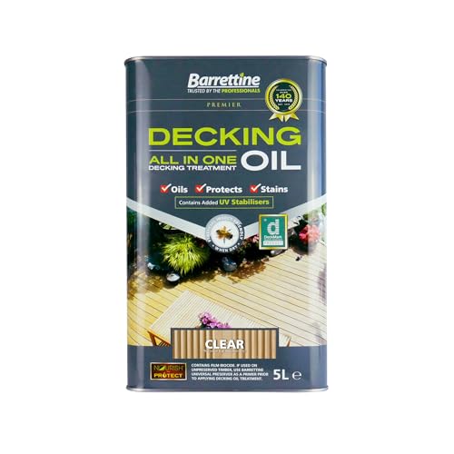 Barrettine Decking Oil (Clear, 5L) - UV & Fade Resistant All-in-One Outdoor Decking Treatment, Water Repellent Deck Oil for Exterior Timber & Structures