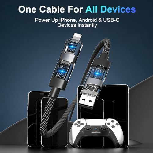 Image of Verilux 4-in-1 C Type Charger Cable with LED 1.2M /3.9Ft, PD 100W Type C Cable Fast Charging & 480Mbps Data transmission with USB /C to Lighting /C for iPhone 17 /16 /15 /14, Galaxy S25 /S24, Android, Tablet
