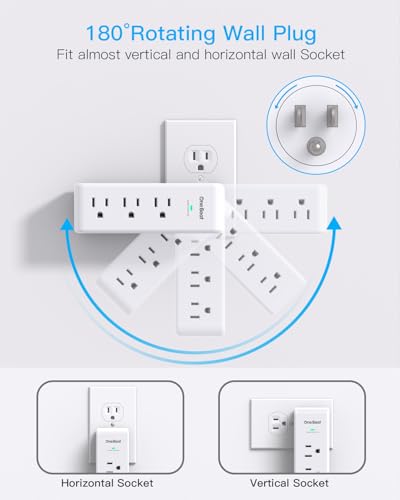 Image of 2 Pack Surge Protector Outlet Extender, 9 AC Multi Outlet Wall Plug with Rotating Plug, 1800J Wall Charger, 3-Sided Power Strip Electrical Plug Adapter Outlet Splitter for Home Office Dorm,White