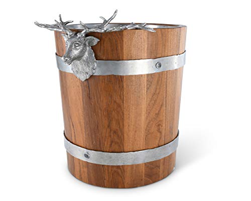 Vagabond House Teak Wood Vintage Pail Ice/Wine/Champagne Bucket with Pewter Elk Head Accent Handles Artisan Handcrafted for Refined Cabin Lodge Mountain Decor Heirloom Quality 9.5 inch Tall